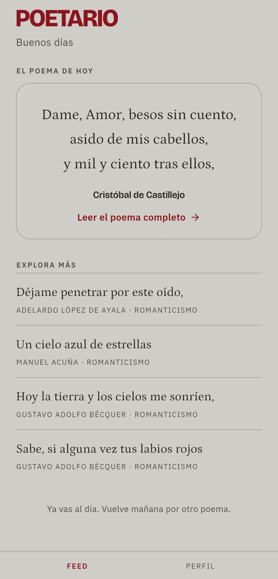 La pantalla de inicio de Poetario: el poema del día en una tarjeta y, debajo, una lista para seguir leyendo.