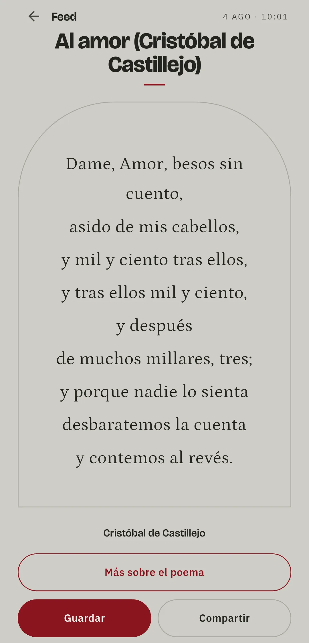 La pantalla de un poema en Poetario: el texto compuesto dentro de un arco, con el nombre del autor debajo y los botones de guardar y compartir.
