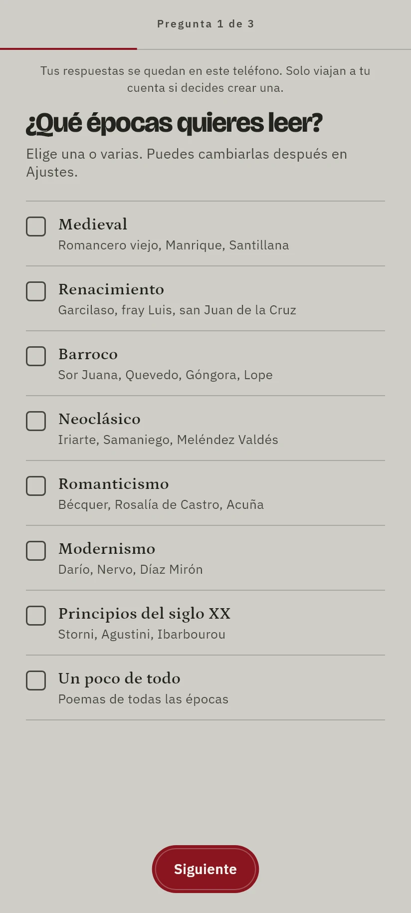 La primera pregunta de Poetario: qué épocas quieres leer, con opciones del Medieval al siglo XX.
