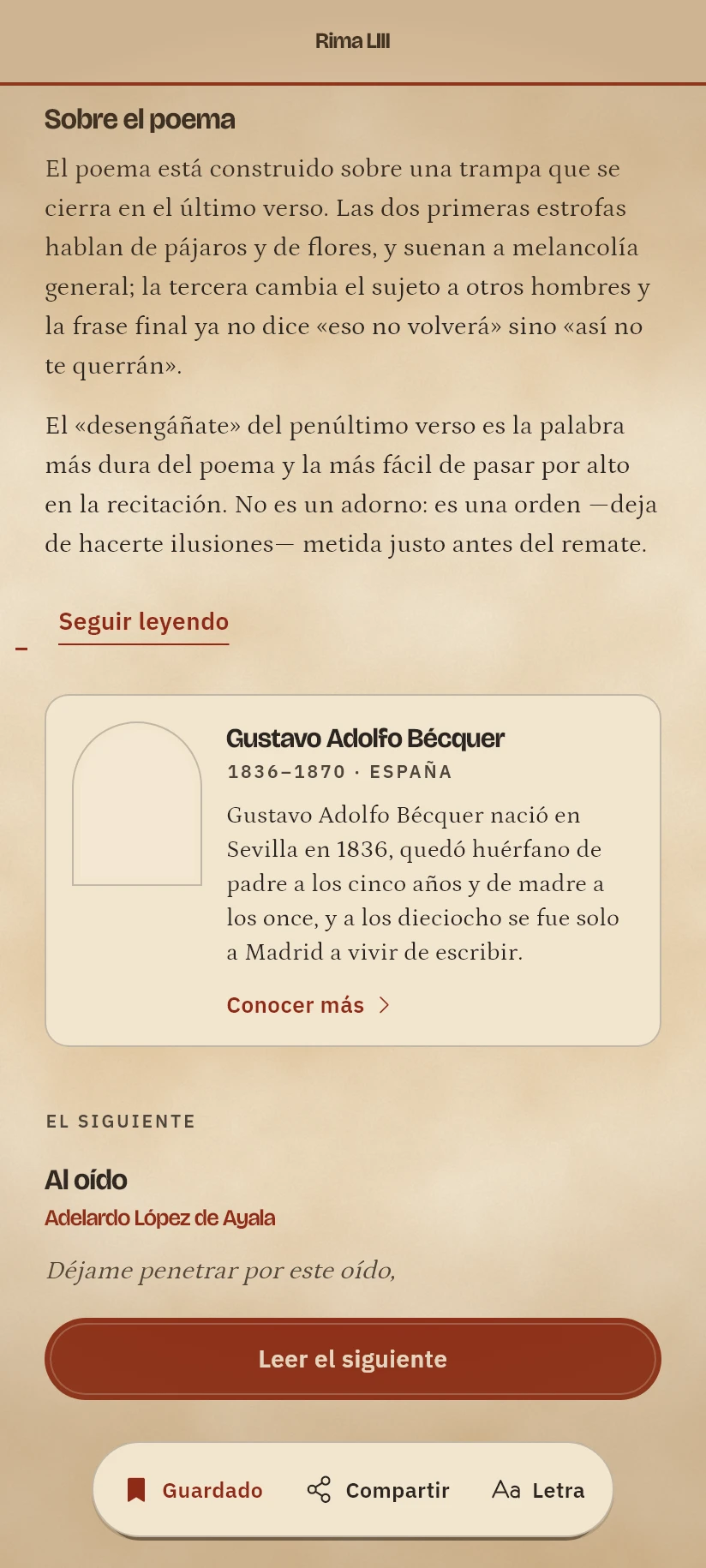 «Sobre el poema» en Poetario, en el papel con grano: la explicación de la Rima LIII y, debajo, la tarjeta de Gustavo Adolfo Bécquer con «Conocer más».